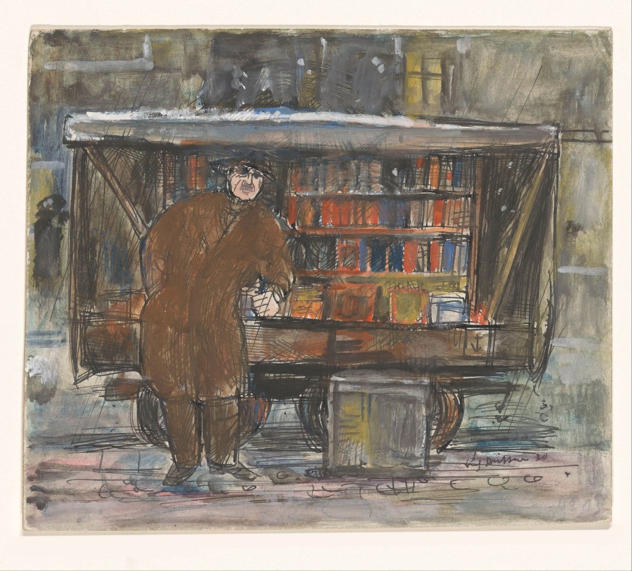 Buchhändler vor seinem Bücherwagen von Erich Büttner (signed by artist)