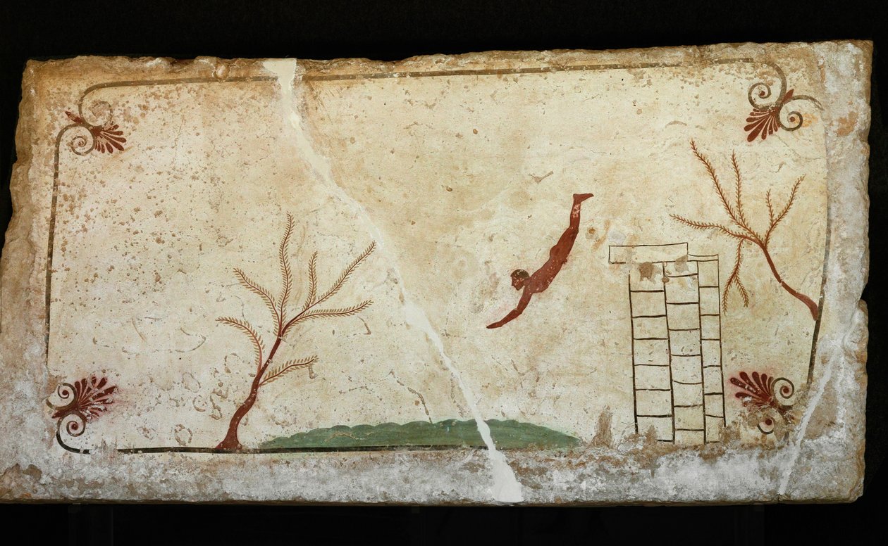 Taucher springt von einem Turm ins Meer, eine Allegorie von Erich Lessing