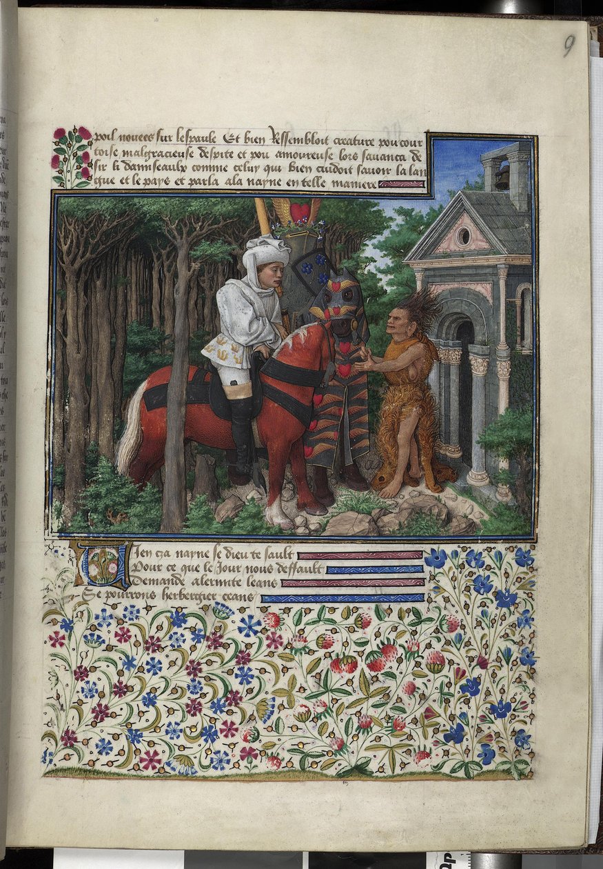 Vollseite: Text mit gemalter Initiale, gerahmter Miniatur und Rand von Erich Lessing