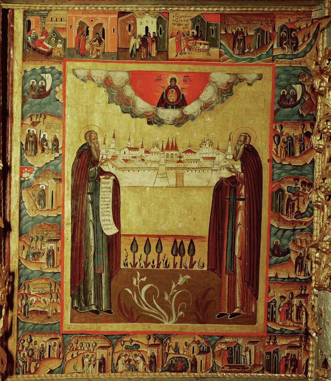 Heiliger Sosima und Heiliger Sawati mit einem Modell des Solowski-Klosters (Ikone) von Erich Lessing