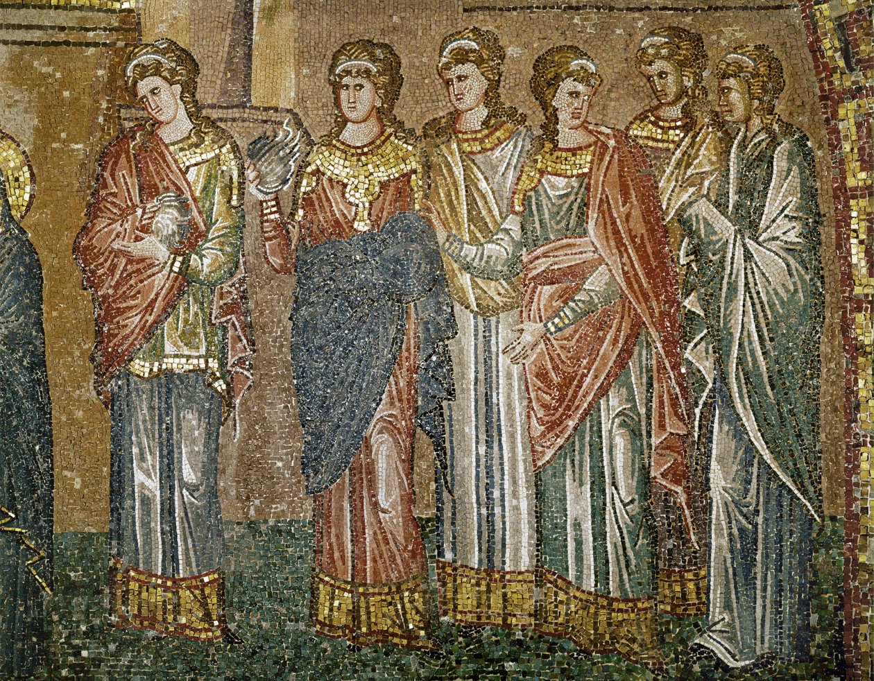 Junge Mädchen warten darauf, Wolle zu erhalten, um den Vorhang für den Tempel zu weben von Erich Lessing