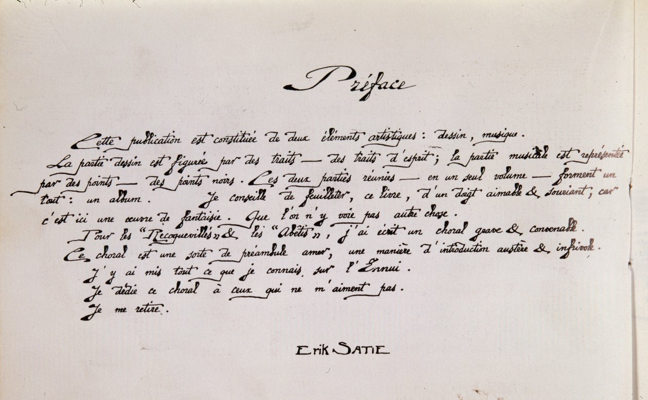 Manuskript-Vorsatzseite einer Partitur mit Zeichnungen von Erik Satie