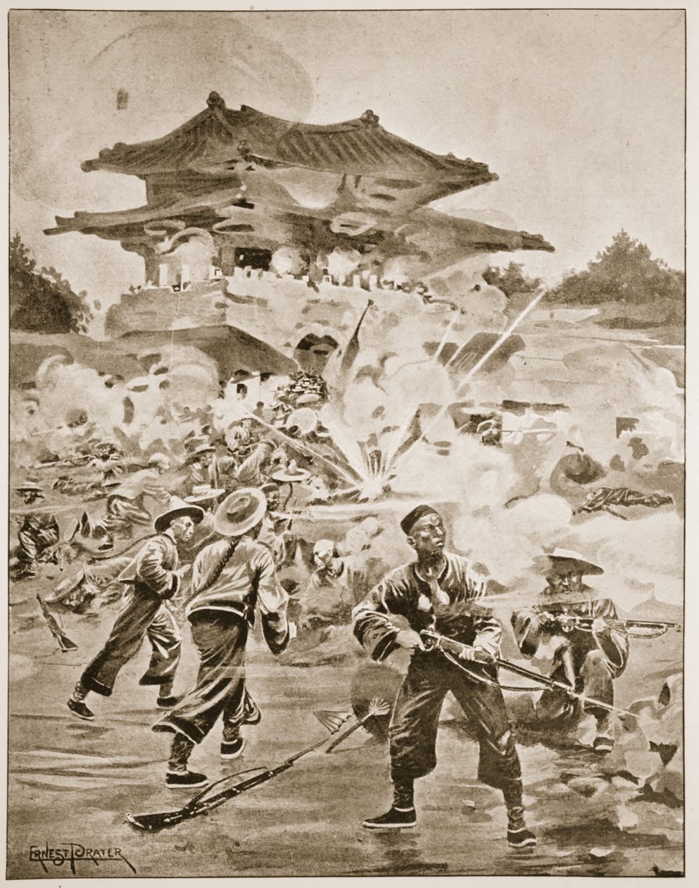 Der Chino-Japanische Krieg, Die Schlacht von Ping Yang: ein Kampf um die Außenforts, Illustration aus 