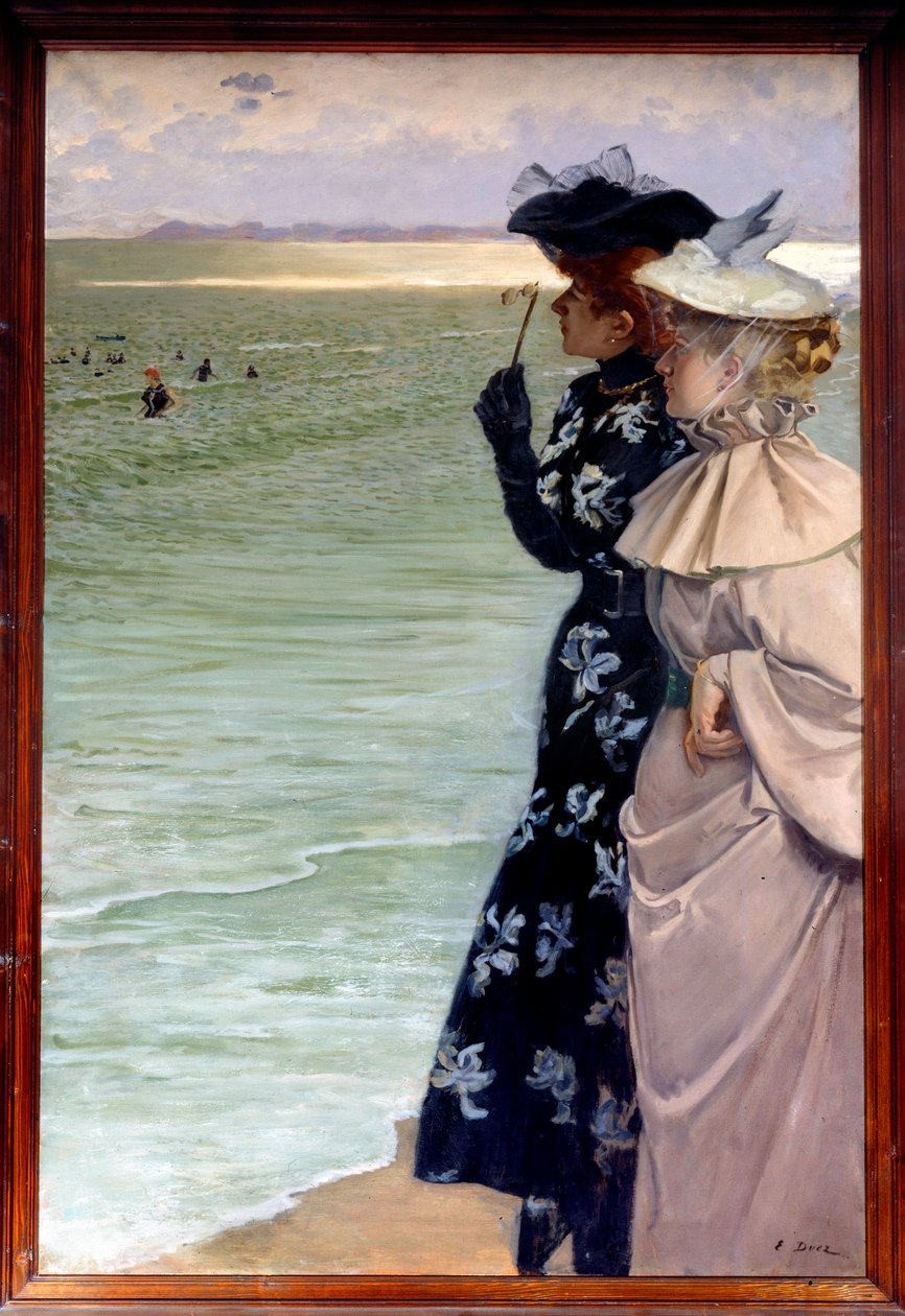 Schöne Epoche: „Badezeit am Meer“ Zwei Frauen am Ufer, die die Badenden durch ein Fernglas betrachten. Gemälde von Ernest Ange Duez (1843-1896) 1896 Rouen, Musée des Beaux-Arts von Ernest Ange Duez