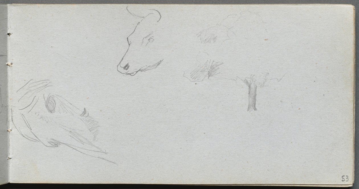 Skizzenbuch, Seite 53: Tierstudien und Baumstudie von Ernest Meissonier