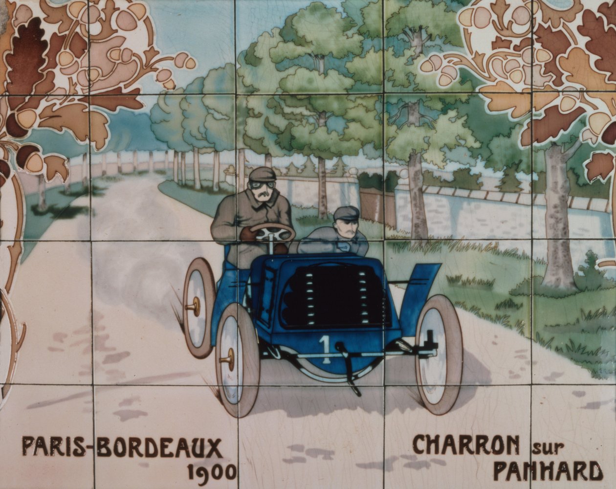 Charron fährt ein Panhard-Auto im Rennen Paris-Bordeaux 1900: Keramikfliesen hergestellt von Gilardoni Fils et Cie aus Paris, nach einer Zeichnung von Ernest Montaut (1878-1909) von Ernest Montaut