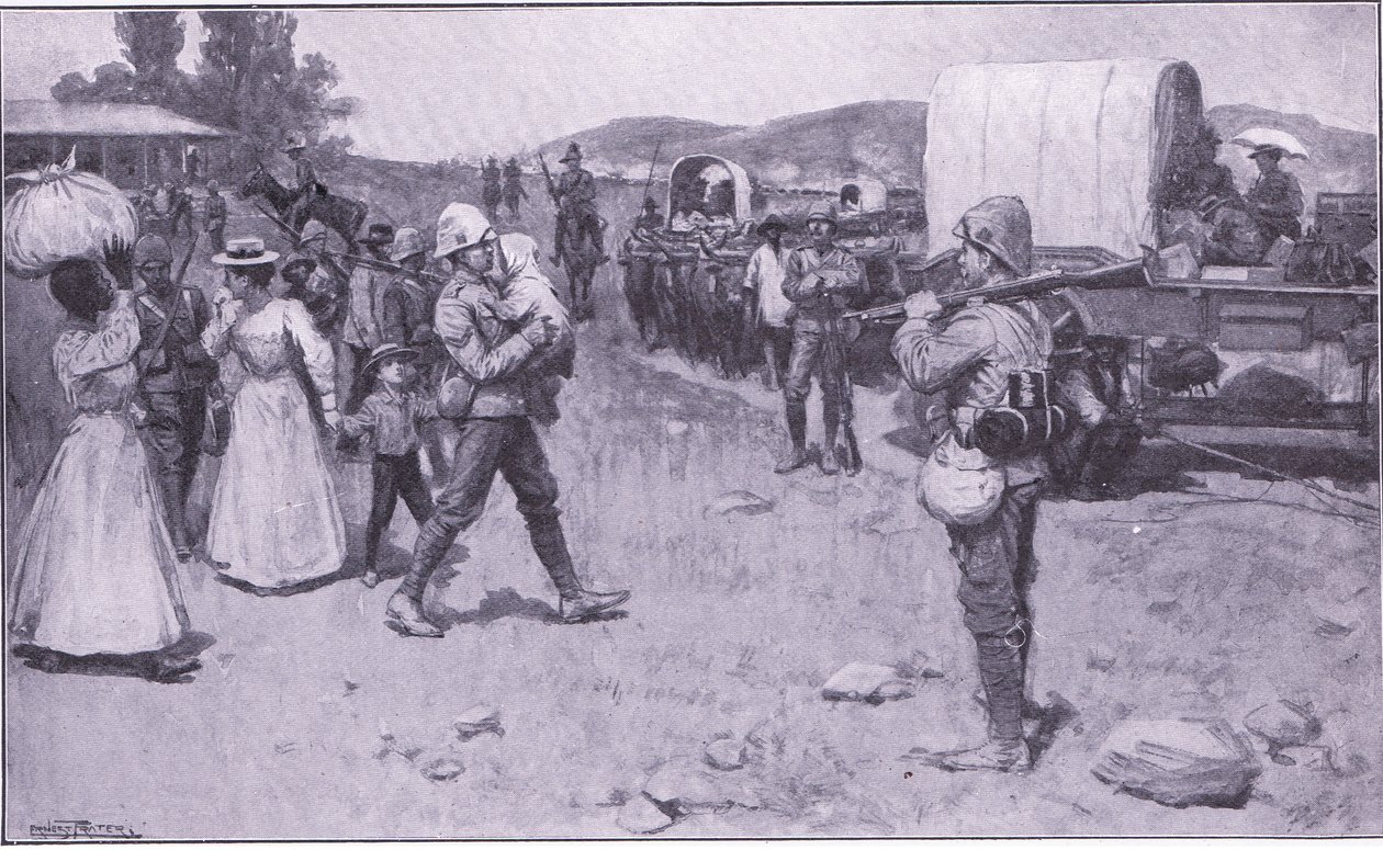 Britische Soldaten helfen Burenflüchtlingen, Illustration aus After Pretoria: The Guerilla War, 1902 von Ernest Prater