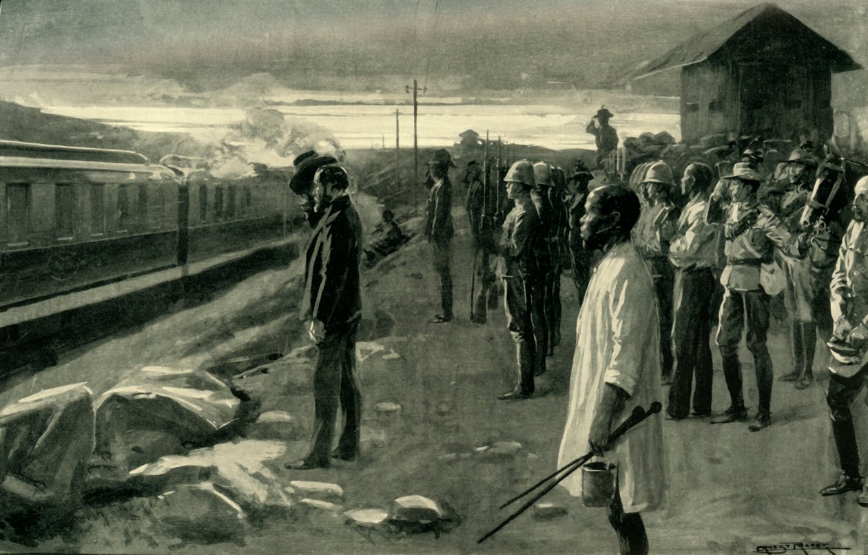 Der Zug, der die Überreste von Mr. Rhodes transportiert, wird von den Blockhauswachen begrüßt, 1902 von Ernest Prater
