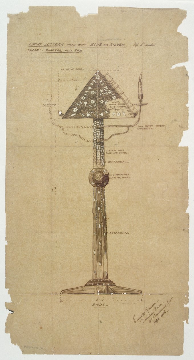 Entwurf für ein Rednerpult aus Ebenholz, eingelegt mit Knochen und Silber für die St. Andrews Kirche, Roker 1906 von Ernest William Gimson