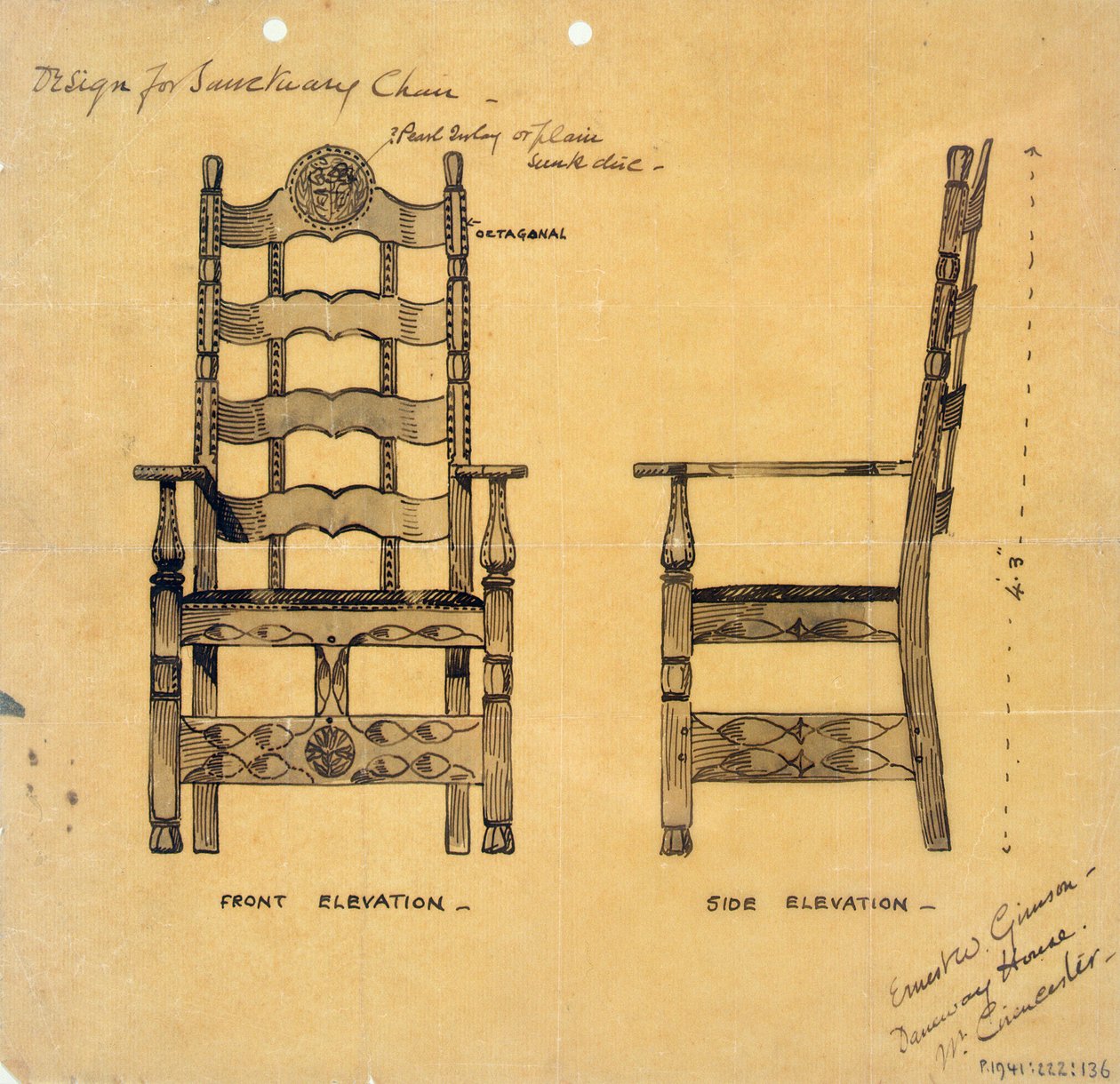 Entwurf für einen Altarstuhl, ca. 1905-25 von Ernest William Gimson