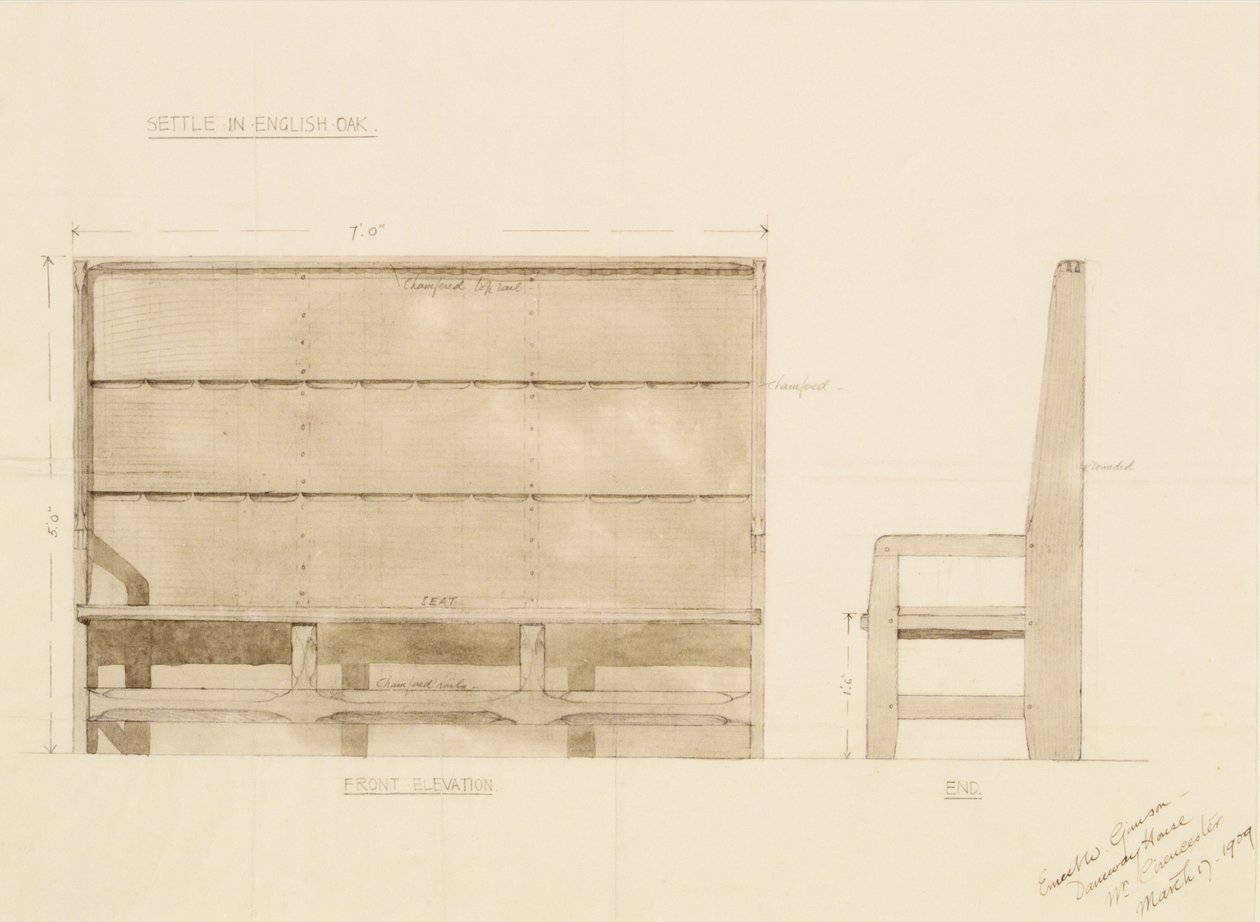 Entwurf für eine Sitzbank aus englischer Eiche, 1909 von Ernest William Gimson