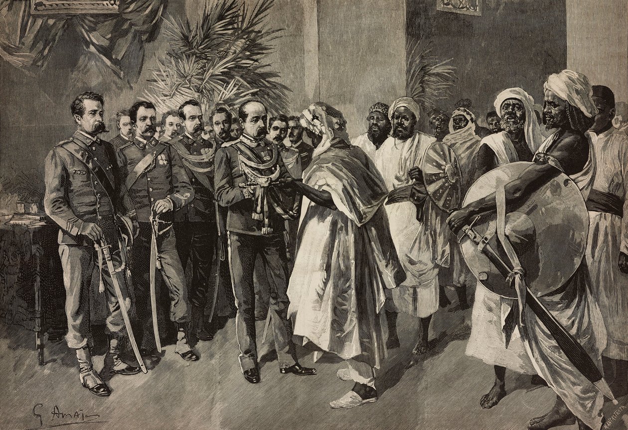 General Tancredi Saletta bietet Kantibai, dem Häuptling von Abab, Massawa, Eritreischer Krieg, ein Schwert an, Gravur von Ernesto Mancastroppa nach einer Zeichnung von G Amato, aus L