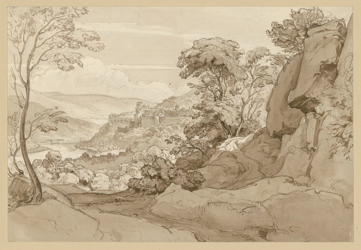 Blick auf das Schloss in Heidelberg, vorn ein Felshang von Ernst Fries
