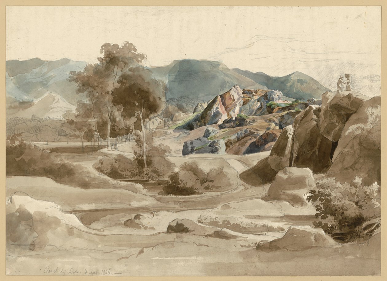 Italienische Landschaft mit Bach, Bäumen und einem Haus am Weg und zerklüfteter Felspartie. Kamel bei Sora von Ernst Fries