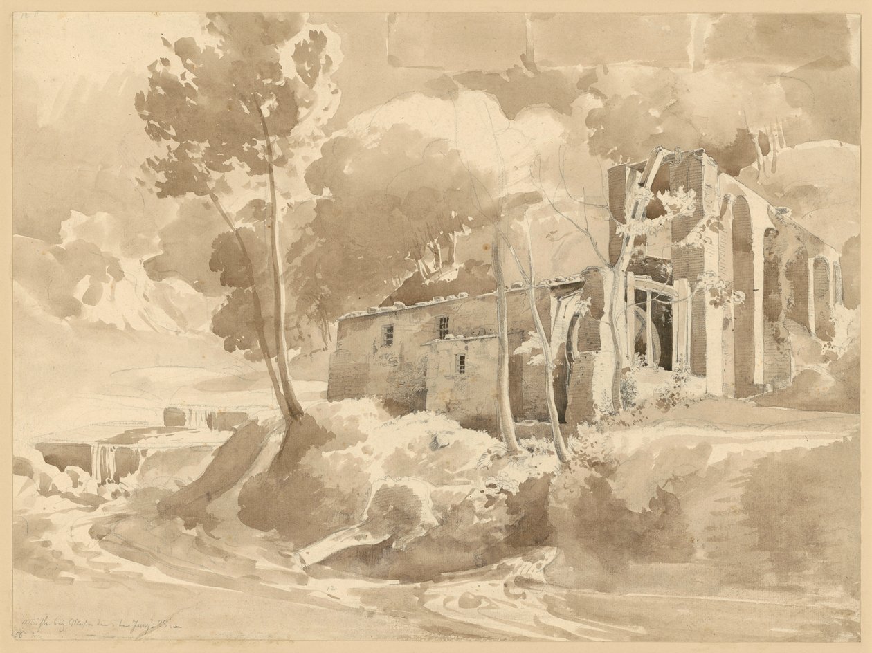 Landschaft mit Fluss und Aquädukt mit Mühle bei Massa von Ernst Fries