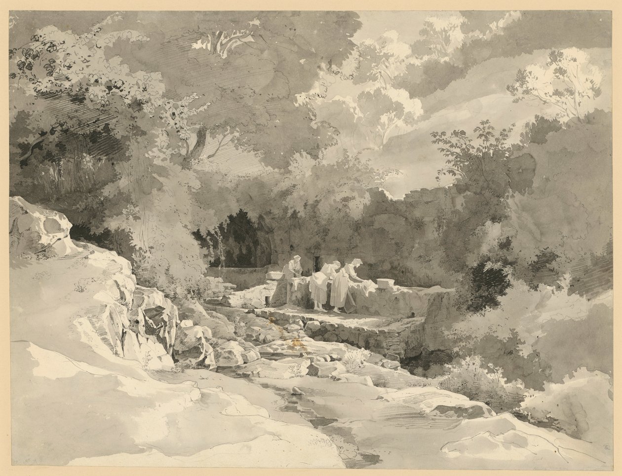 Landschaft mit Frauen am Waschbrunnen von Ernst Fries