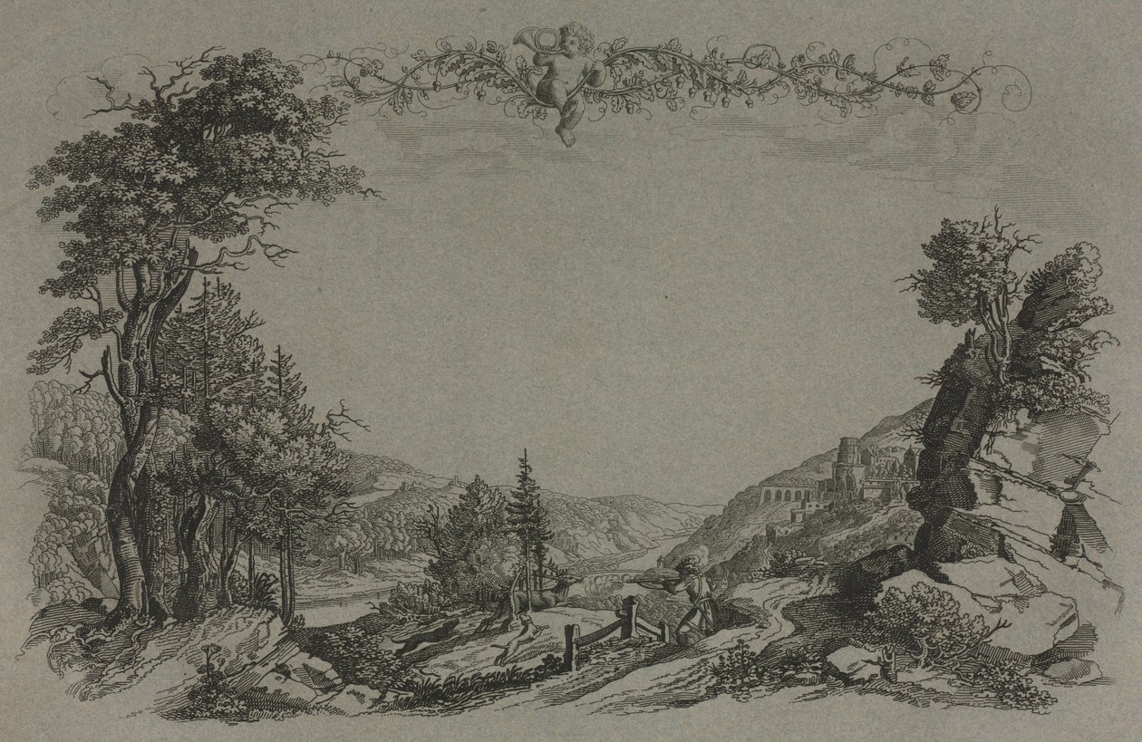 Sechs Ansichten des Heidelberger Schlosses: Deckblatt, Jagdszene von Ernst Fries