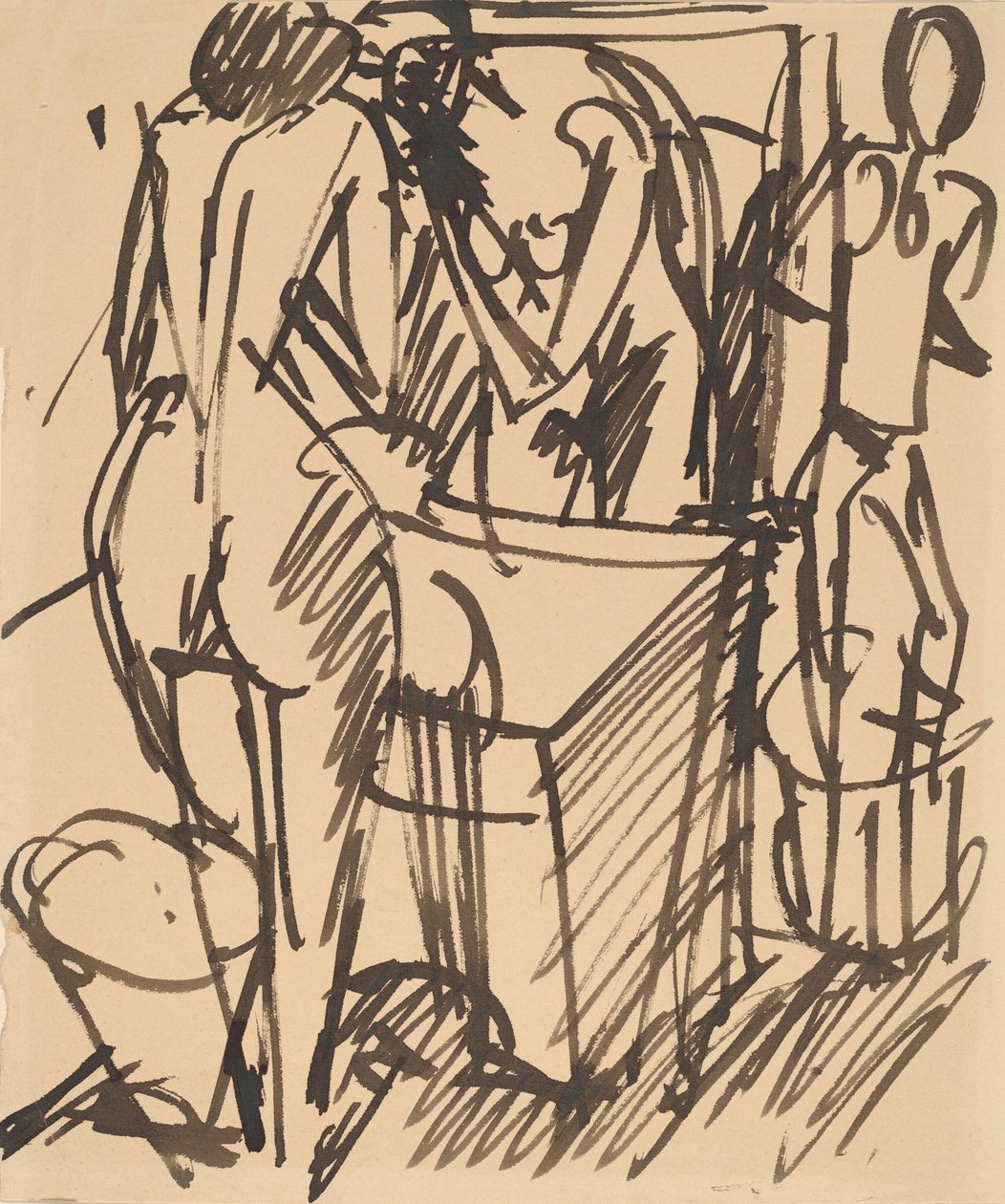 Akt mit Spiegel, vor einem Waschbecken stehend, 1908-1910 von Ernst Ludwig Kirchner
