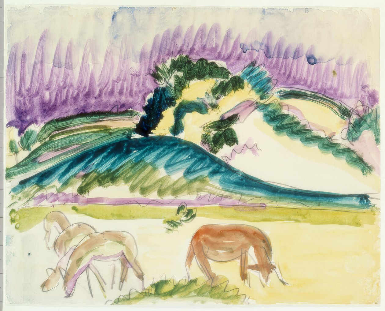 Drei grasende Rehe und eine Kuh auf Fehmarn von Ernst Ludwig Kirchner