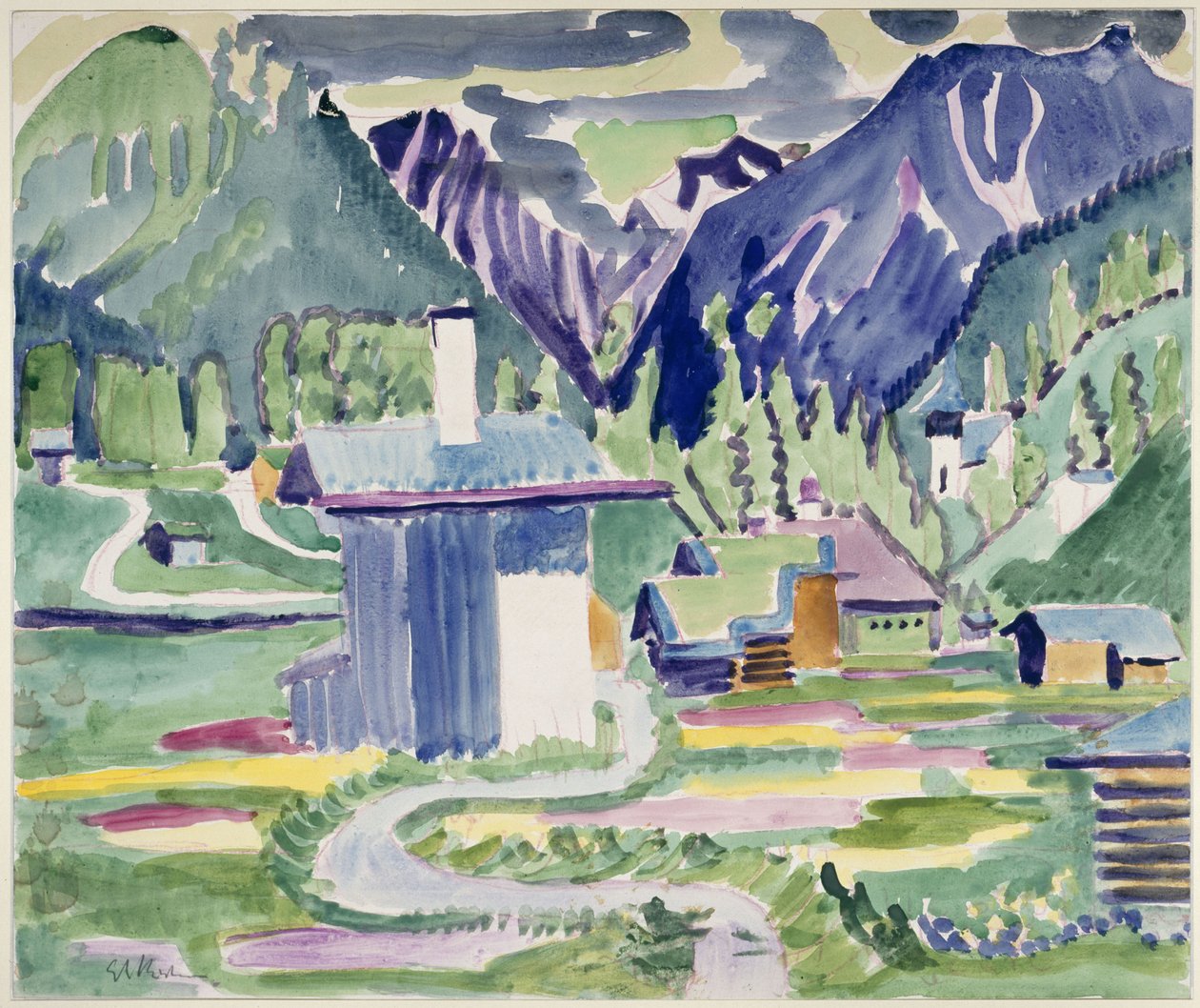 Häuser in Islen, mit Blick auf die Kirche in Frauenkirch von Ernst Ludwig Kirchner