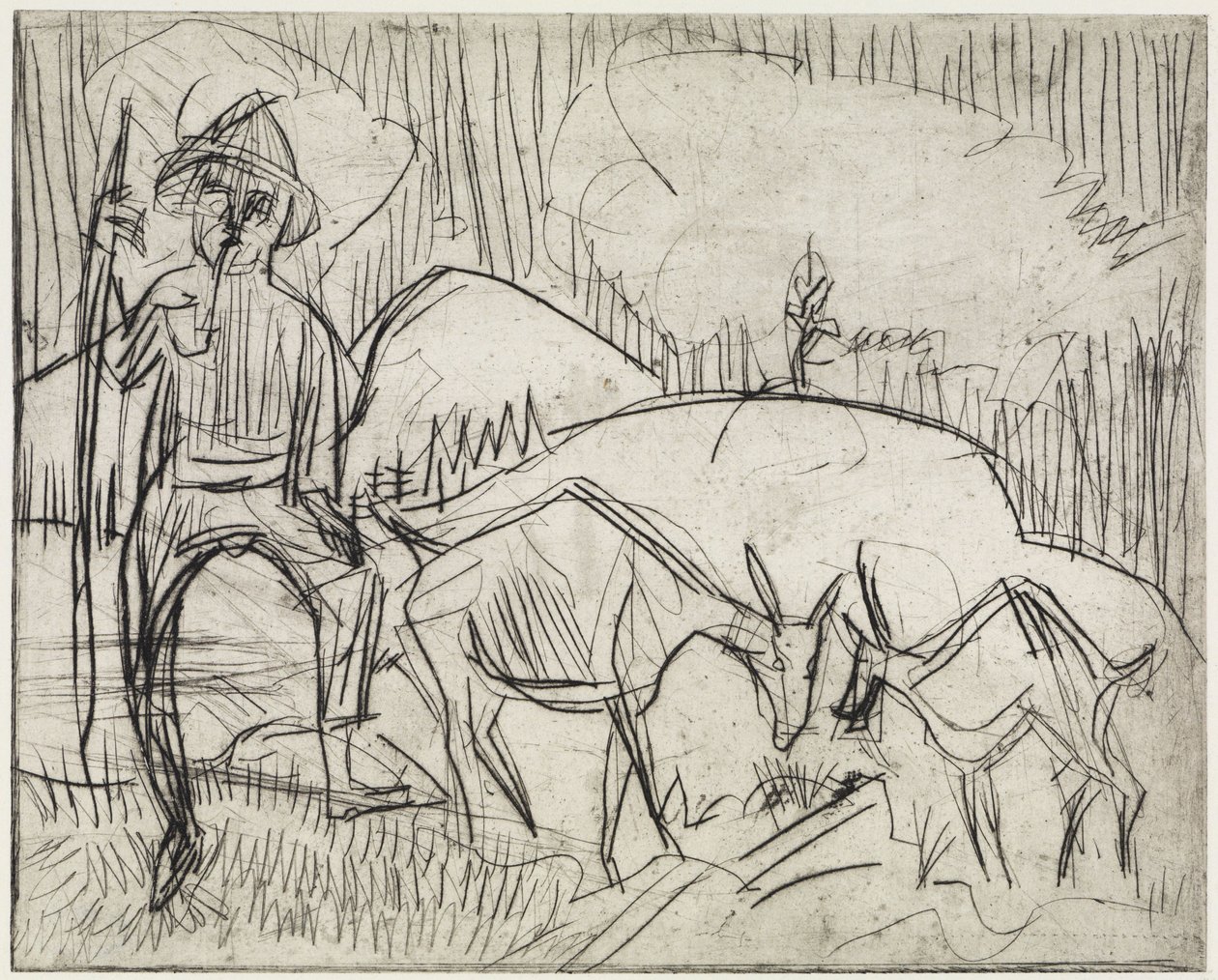 Hirt mit Ziegen/Berghang mit Menschen und Ziegen von Ernst Ludwig Kirchner