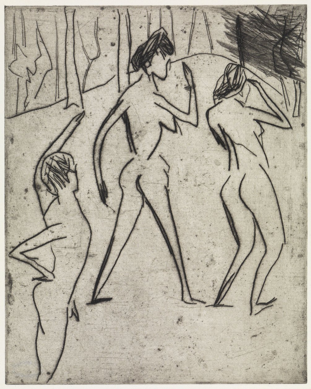 In den Wald schreitende Badende/Hippodrom von Ernst Ludwig Kirchner