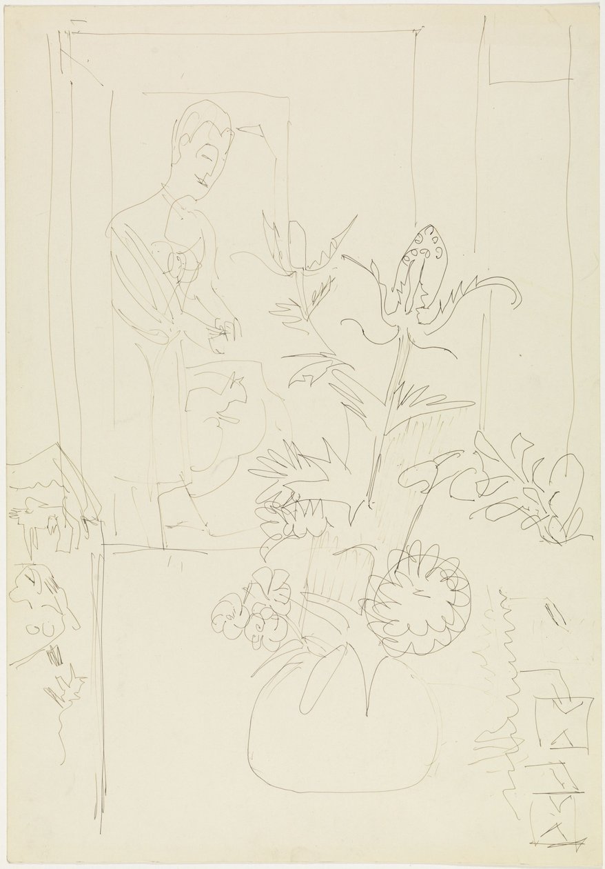 Interieur mit Blumenvase, Frau und Katze von Ernst Ludwig Kirchner