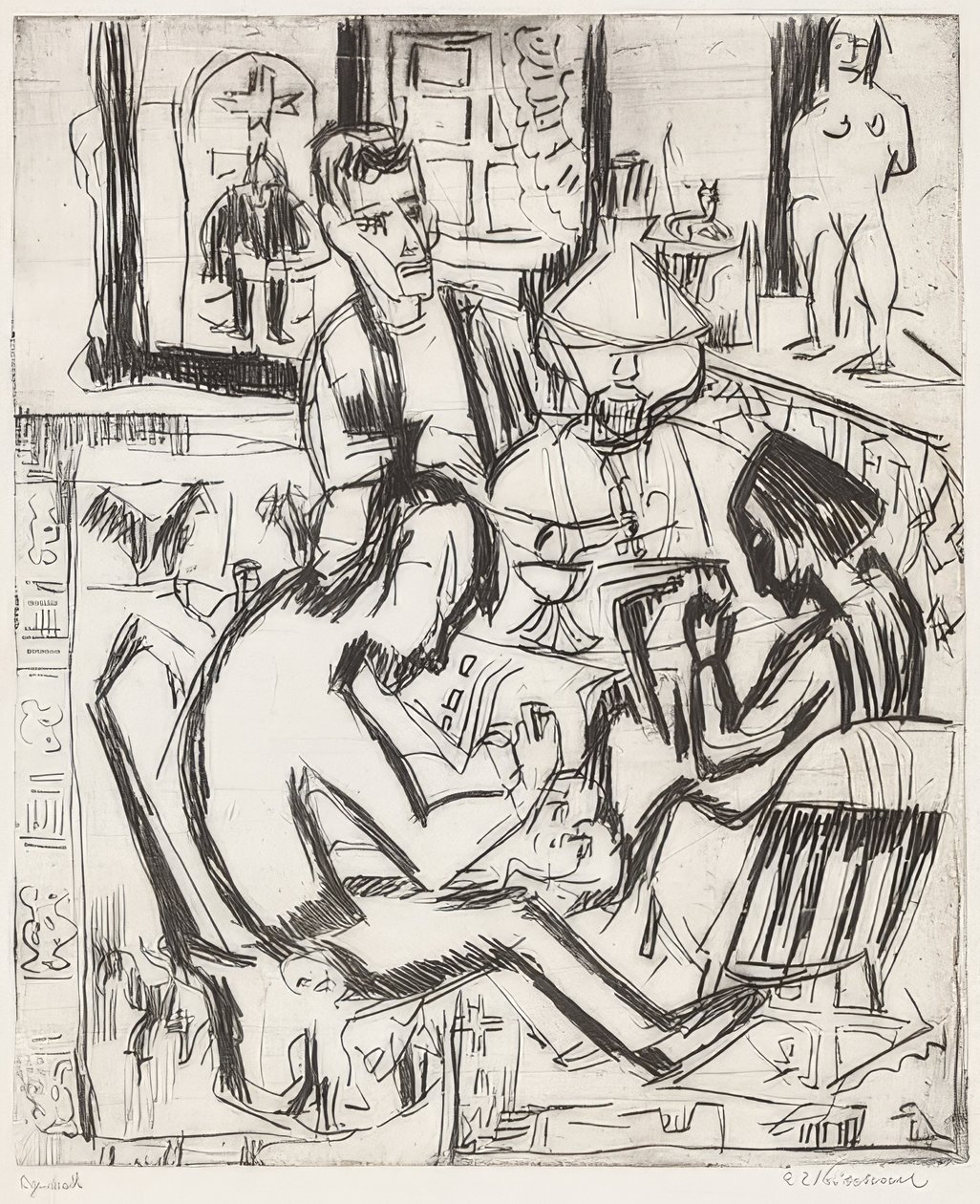Interieur mit Menschen von Ernst Ludwig Kirchner