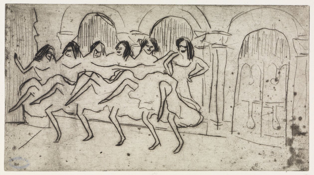 Liegende Lotte auf Kissen / Sechs Tänzerinnen vor Bogendekoration - Englisches Ensemble von Ernst Ludwig Kirchner