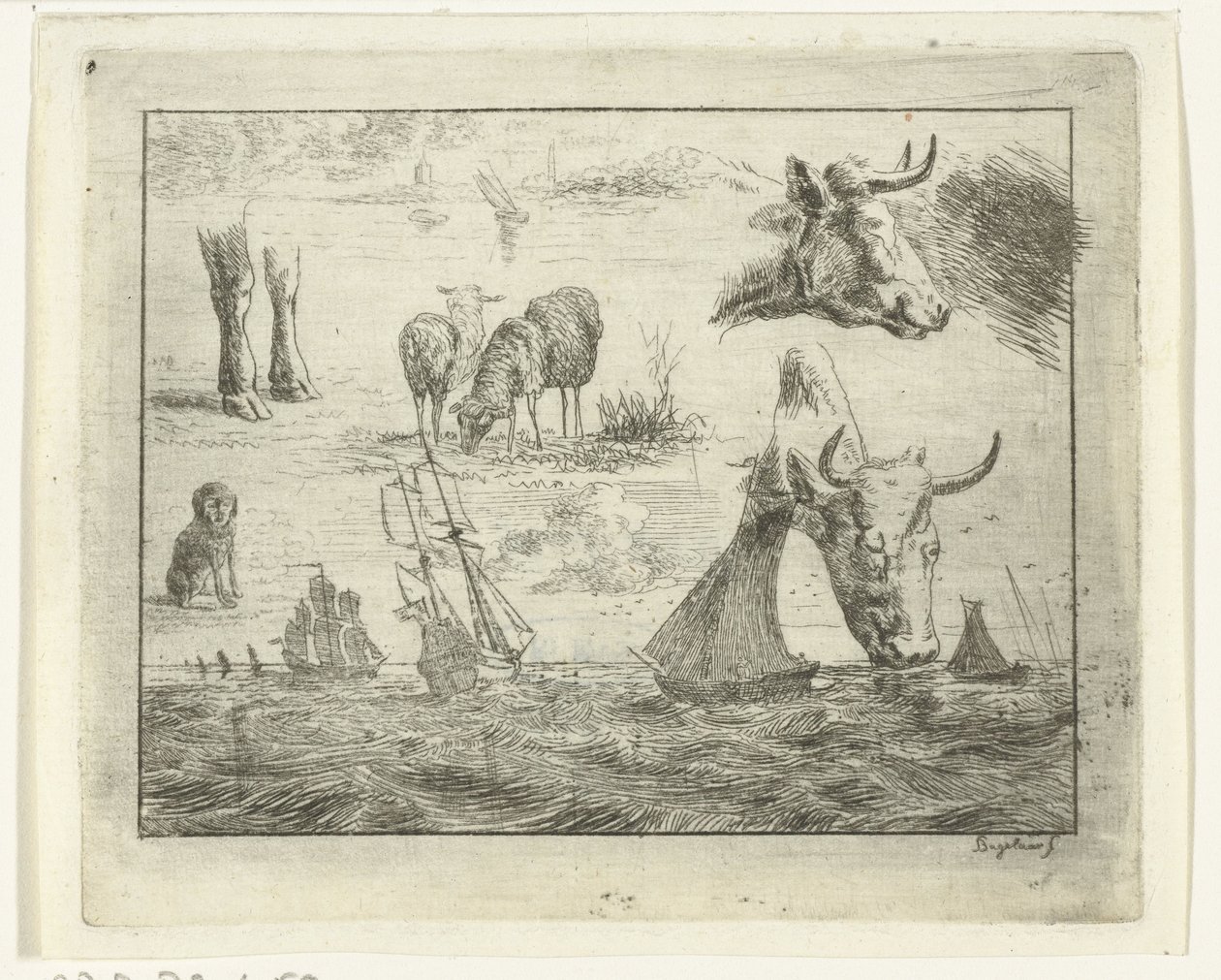 Studienblatt mit einem Meeresblick, zwei Kuhköpfen, Schafen, einem Hund und zwei Pfoten von Ernst Willem Jan Bagelaar