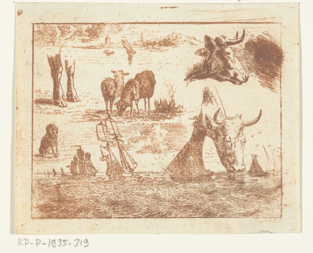 Studienblatt mit einer Meeresansicht, zwei Kuhköpfen, Schafen, einem Hund und zwei Pfoten von Ernst Willem Jan Bagelaar