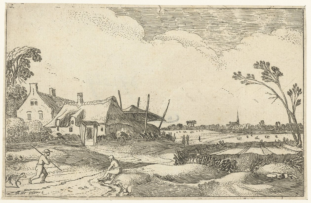 Bauernhof an einem Weg und Aussicht über Felder von Esaias van de Velde