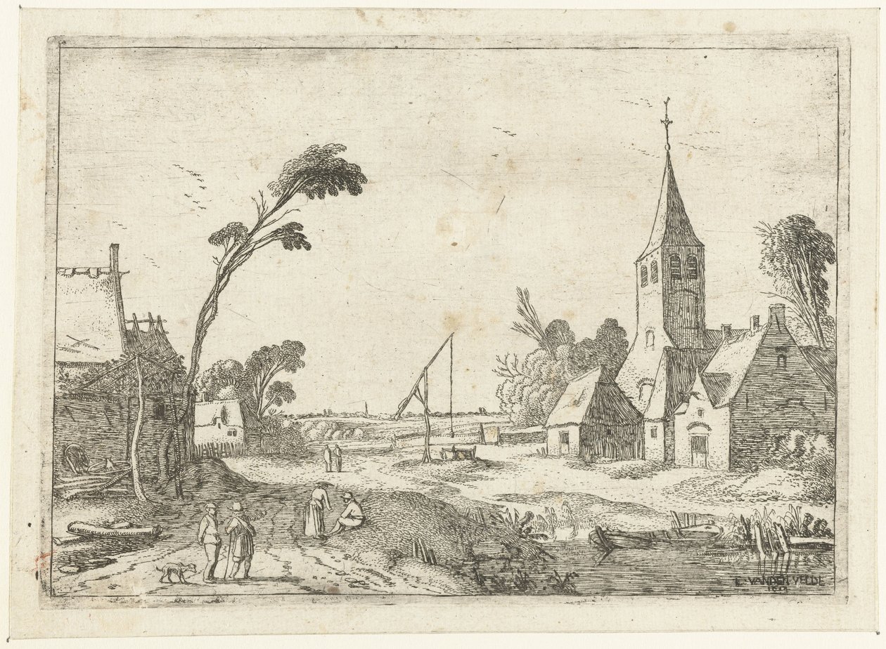 Dorfszene mit Bauernhöfen, Kirche und Brunnen (Liegende Landschaften) von Esaias van de Velde