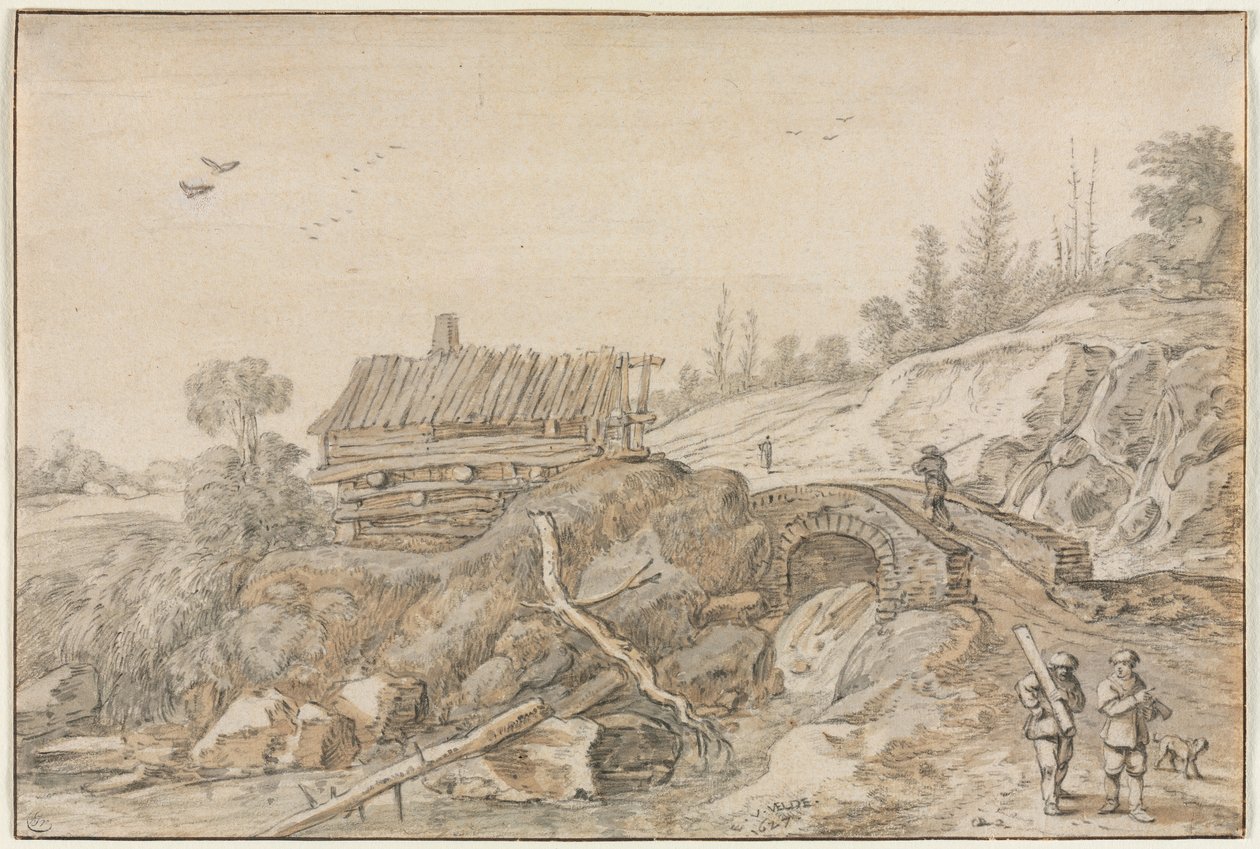 Hügelige Landschaft mit Hütte neben einem Bach von Esaias van de Velde