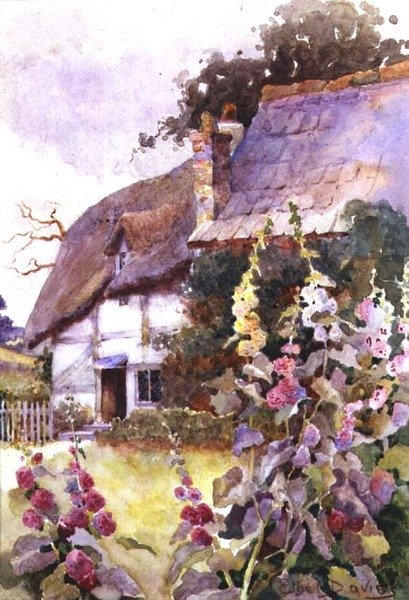 Stockrosen vor einem strohgedeckten Cottage von Ethel Davies