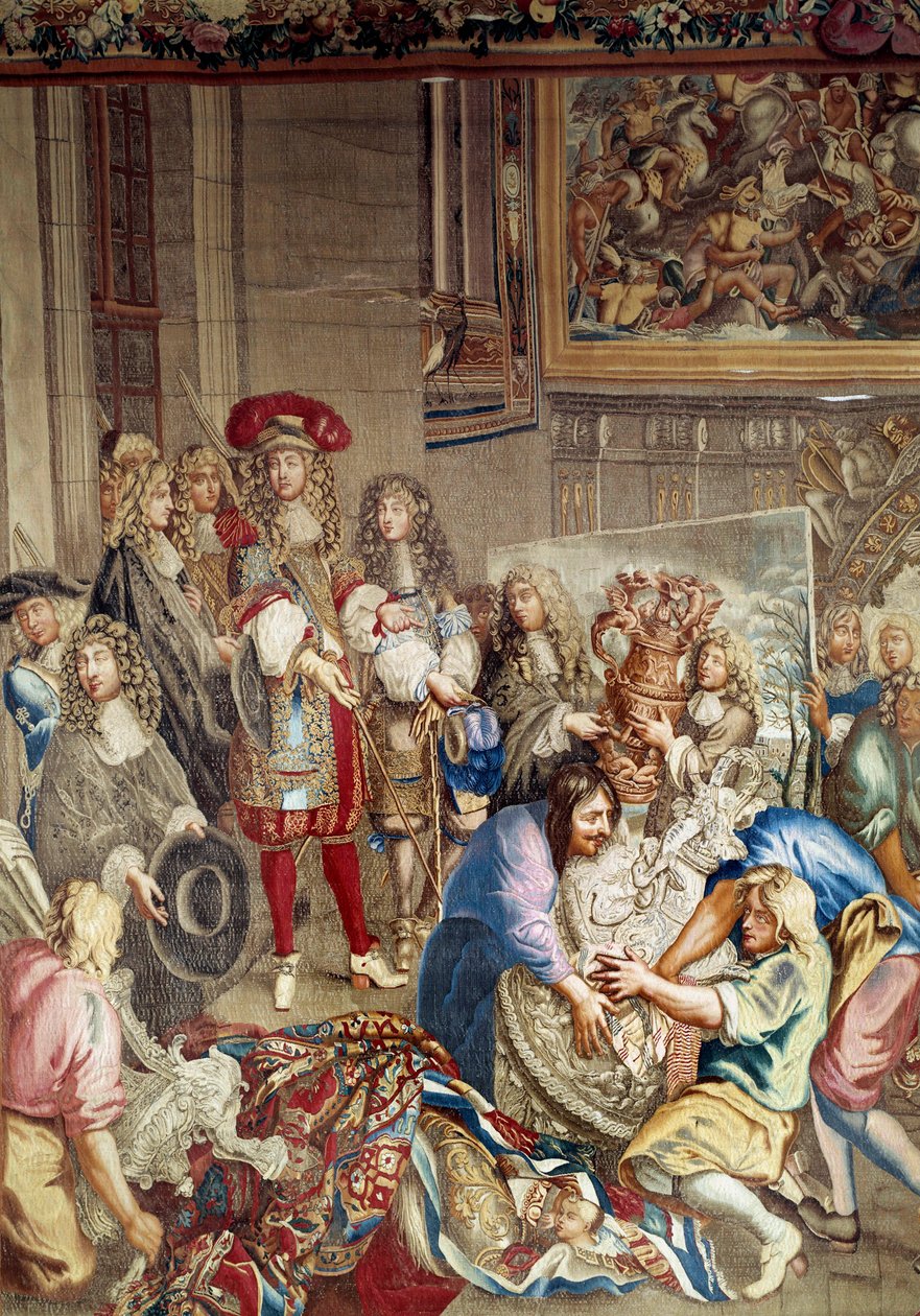 Besuch von Ludwig XIV. in der Gobelins-Manufaktur in Anwesenheit von Jean-Baptiste Colbert (im Profil, rechts vom König) und dem Maler Charles Lebrun, 15. Oktober von Etienne (studio of) Le Blond
