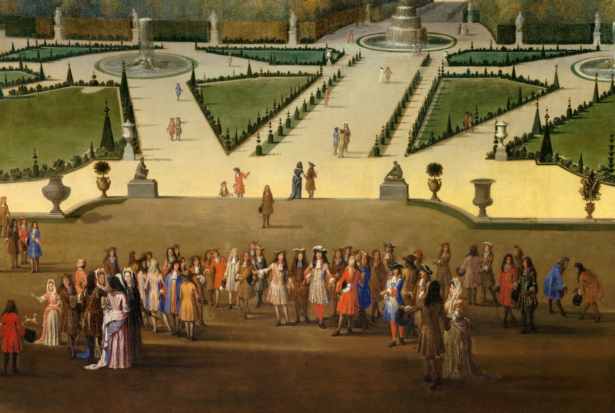 Spaziergang von Ludwig XIV. (1638-1715) mit Blick auf das nördliche Parterre in den Gärten von Versailles (Detail) von Etienne Allegrain
