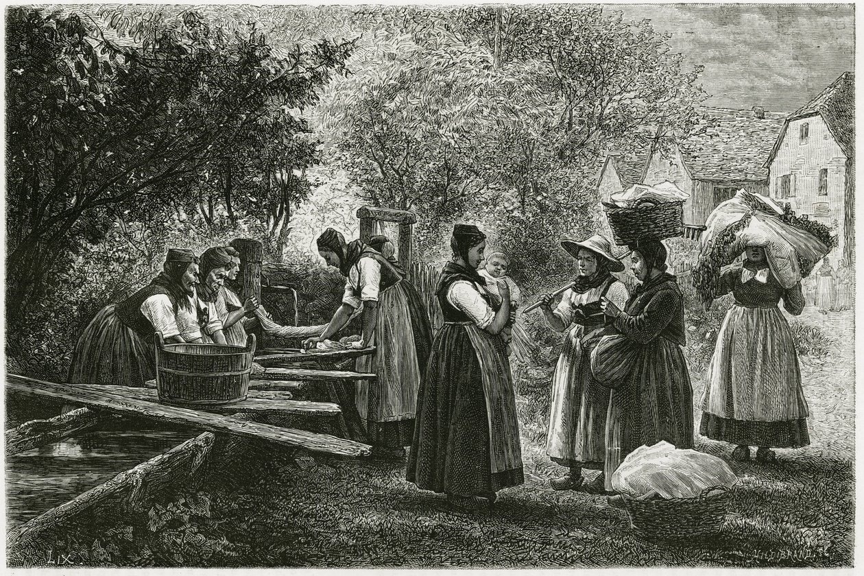 Eine Wäscherei in Metzeral, Frauen in traditionellen Taltrachten versammeln sich am Dorfbrunnen von Etienne Antoine Eugene Ronjat