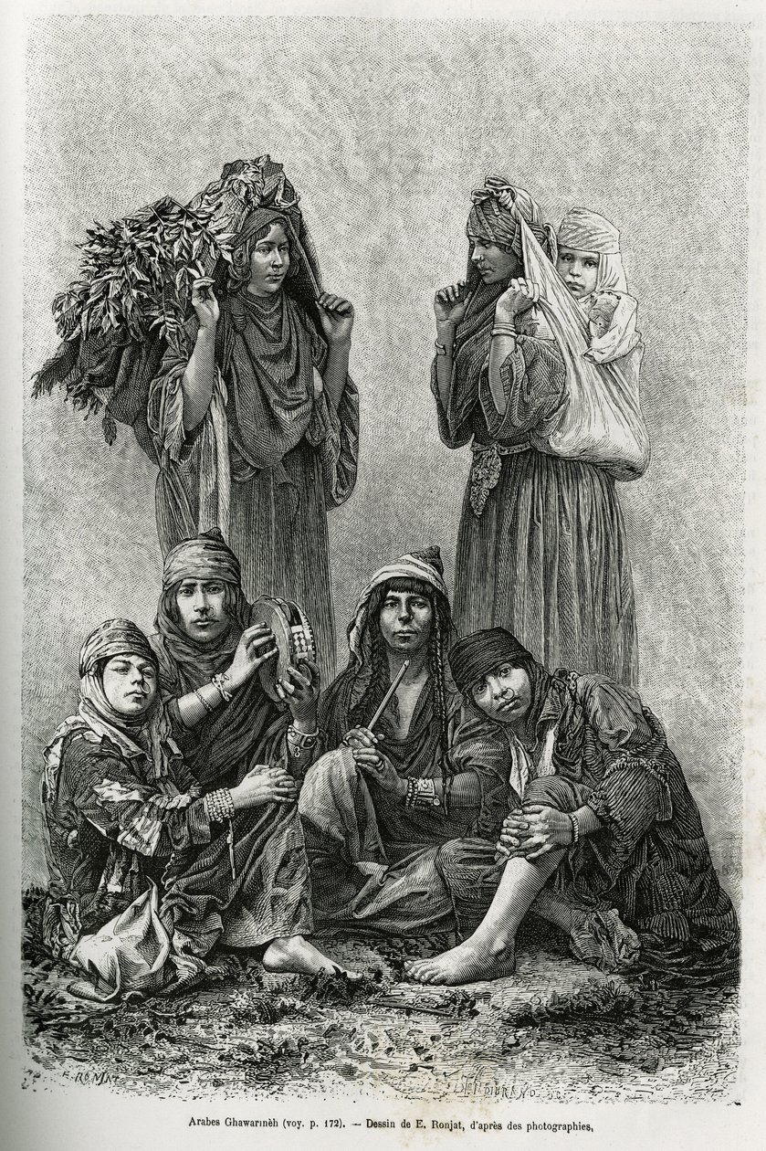 Araber Ghawarineh, Nomaden aus dem Becken des Toten Meeres. Gravur von E. Ronjat, zur Illustration der Geschichte von Syrien heute von M. Lortet, Dekan der Medizinischen Fakultät von Lyon, beauftragt mit einer wissenschaftlichen Mission durch das Ministeri von Etienne Antoine Eugene Ronjat