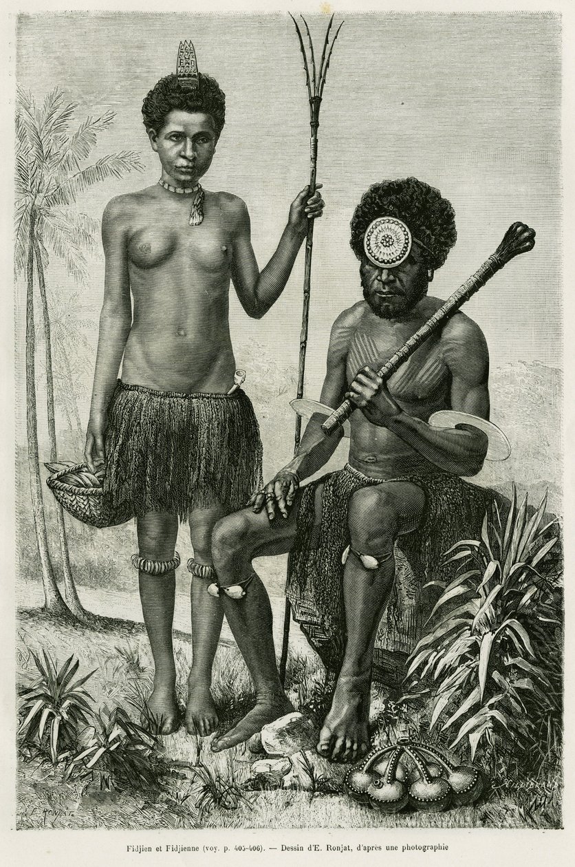 Fidschianisches Paar. Gravur von E. Ronjat zur Illustration der Geschichte „Promenades en Océanie“, von Aylic Marin, in Le Tour du monde 1887, unter der Leitung von Edouard Charton (1807-1890). von Etienne Antoine Eugene Ronjat