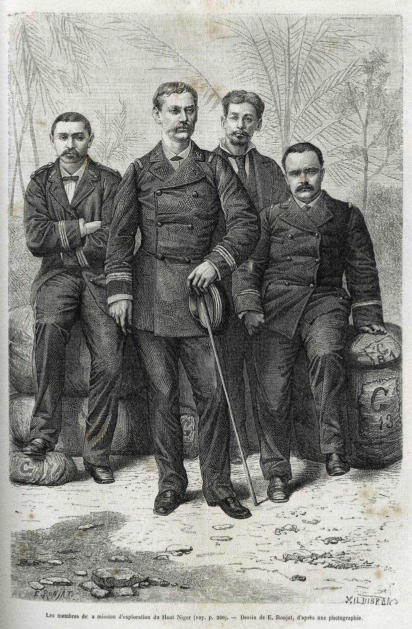 Mitglieder der Erkundungsmission: (von links nach rechts:) Herr Pietri, Artillerieleutnant, verantwortlich für die Leitung des Konvois, Kommandant Gallieni, Autor der Geschichte, Dr. Tautain, Marinearzt, rekrutiert für sein Wissen über Ethnographie und Nat von Etienne Antoine Eugene Ronjat