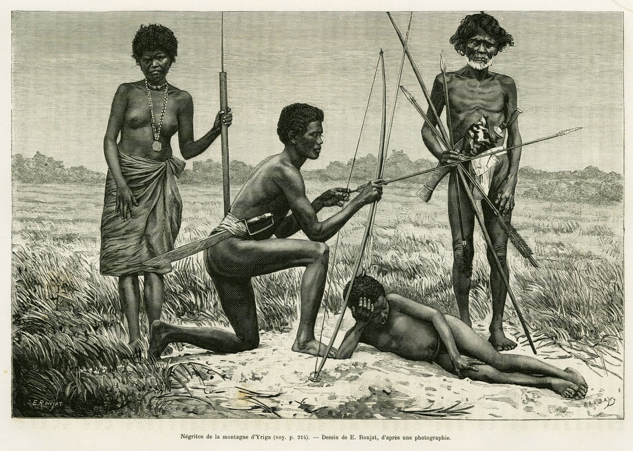 Negritos vom Yriga-Berg. Gravur von E. Ronjat zur Illustration der Geschichte „Lucon und Palaouan, sechs Jahre auf den Philippinen“ von Alfred Marche (1844-1898), veröffentlicht in Le Tour du monde 1886 von Etienne Antoine Eugene Ronjat