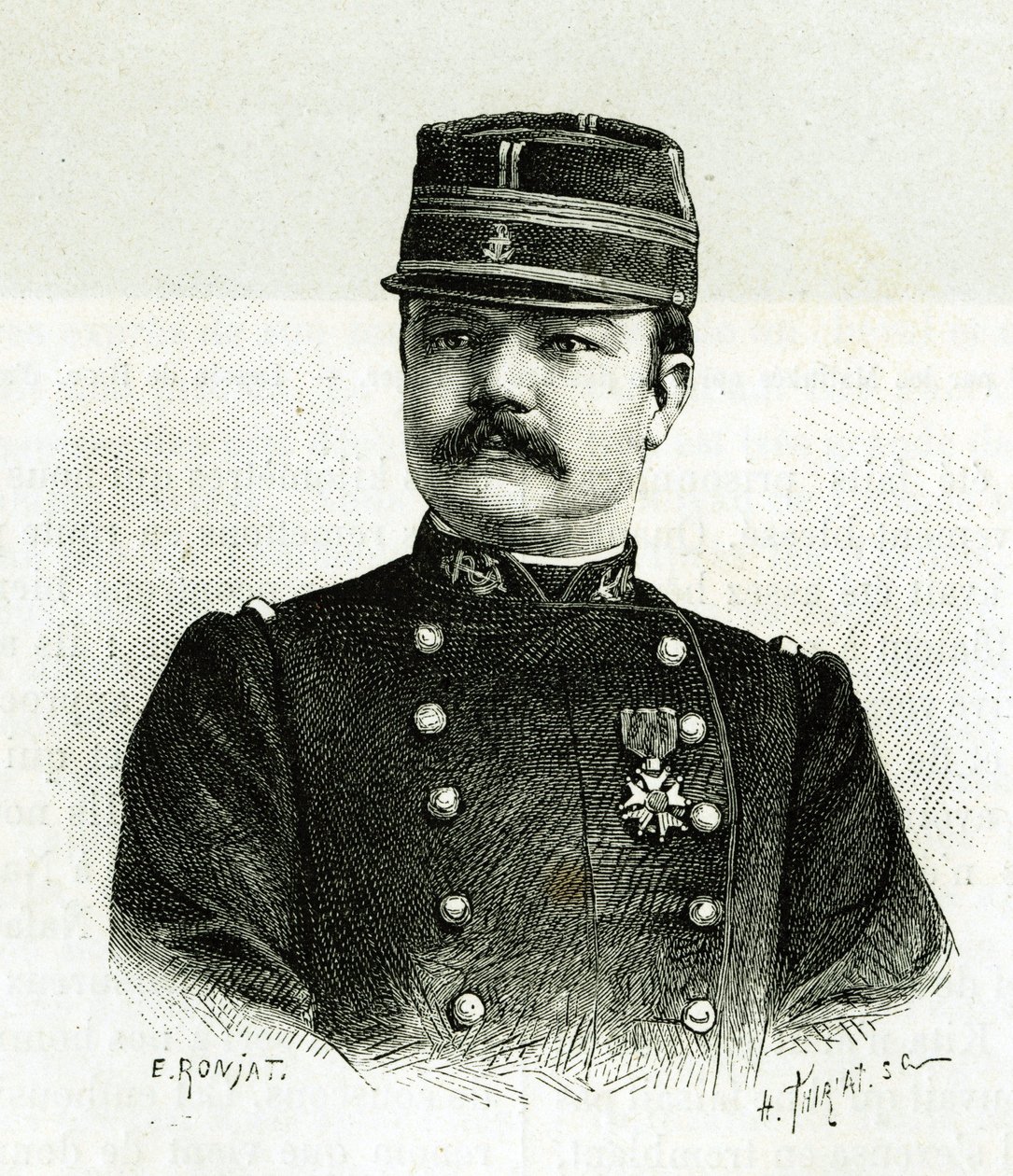 Porträt von Kapitän Valliere, der Marineinfanterie, während der Expedition nach Afrika unter dem Kommando von Gallieni. Gravur von E. Ronjat, nach einem Foto, zur Illustration der Geschichte „Erkundung des Oberen Niger (heutiges Mali)“ von Kommandant Galli von Etienne Antoine Eugene Ronjat
