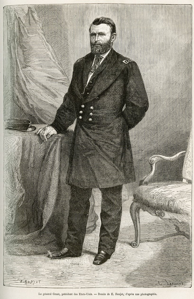 Porträt von Ulysses Grant (1822-1885), amerikanischer General, Führer der Unionstruppen während des Sezessionskrieges und 18. Präsident der Vereinigten Staaten (USA) für zwei Amtszeiten von 1869 bis 1877. Gravur nach der Zeichnung von E. Ronjat, zur Illust von Etienne Antoine Eugene Ronjat