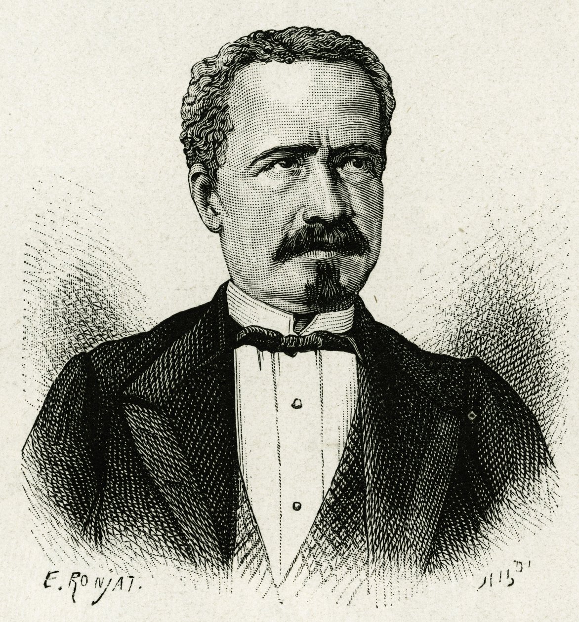 Porträt des Präsidenten von Ecuador von 1875 bis 1876, Don Antonio Borrero. Gravur von E. Ronjat, nach einem Foto, zur Illustration der Geschichte „Das Äquinoktiale Amerika“ von Etienne Antoine Eugene Ronjat