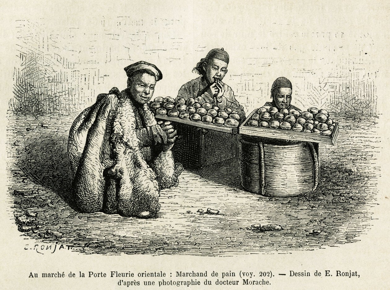 Der Brothändler am Fuß des Orientalischen Blumentors des Kaiserpalastes in Peking, eine aktuelle Szene des täglichen Lebens. Gravur nach der Zeichnung von E. Ronjat, um die Reise nach Peking und Nordchina von T. Choutze in 1873 zu illustrieren, veröffentli von Etienne Antoine Eugene Ronjat