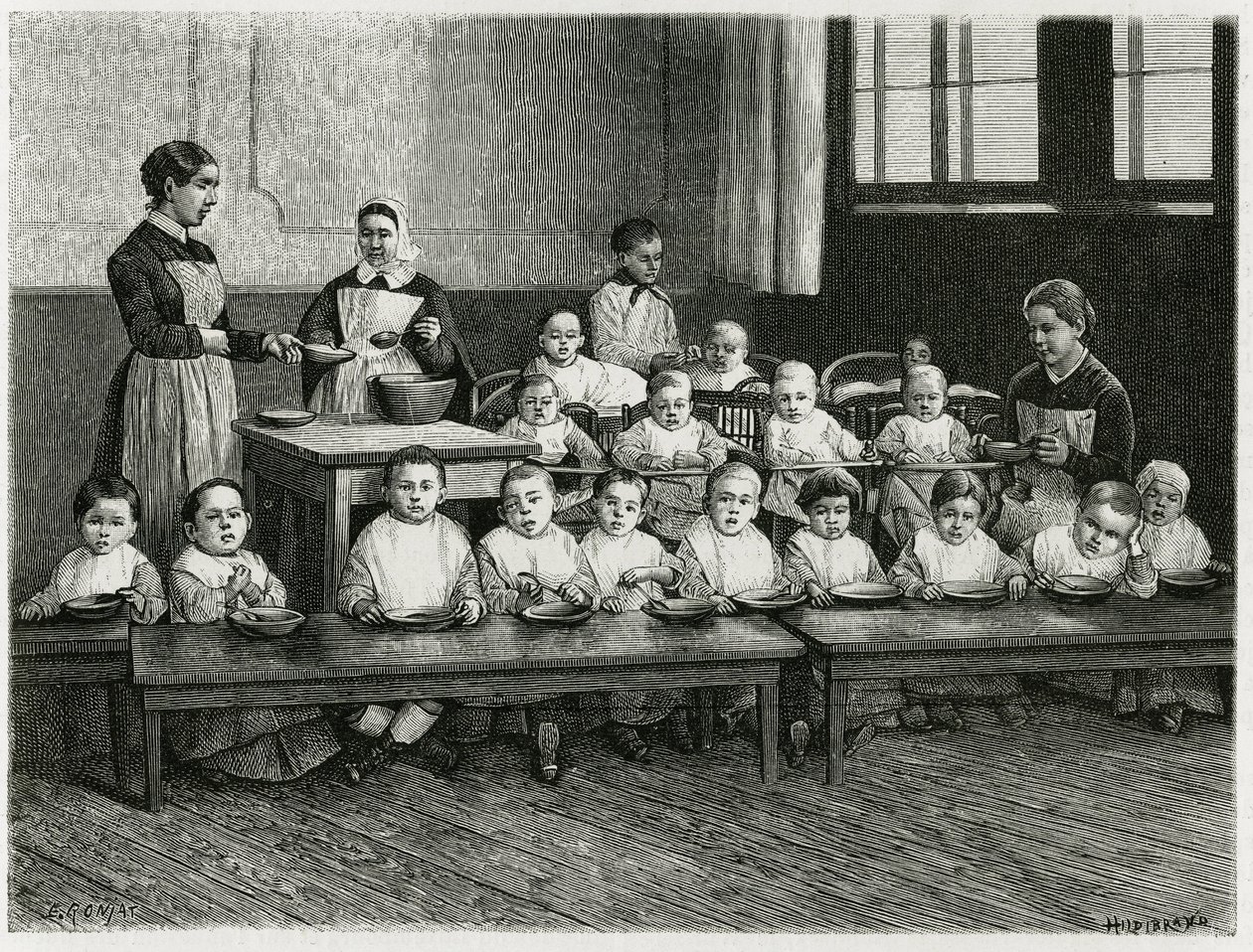 Das Kindermahl in der Kinderkrippe. Gravur von E. Ronjat zur Illustration der Geschichte „Atravers l