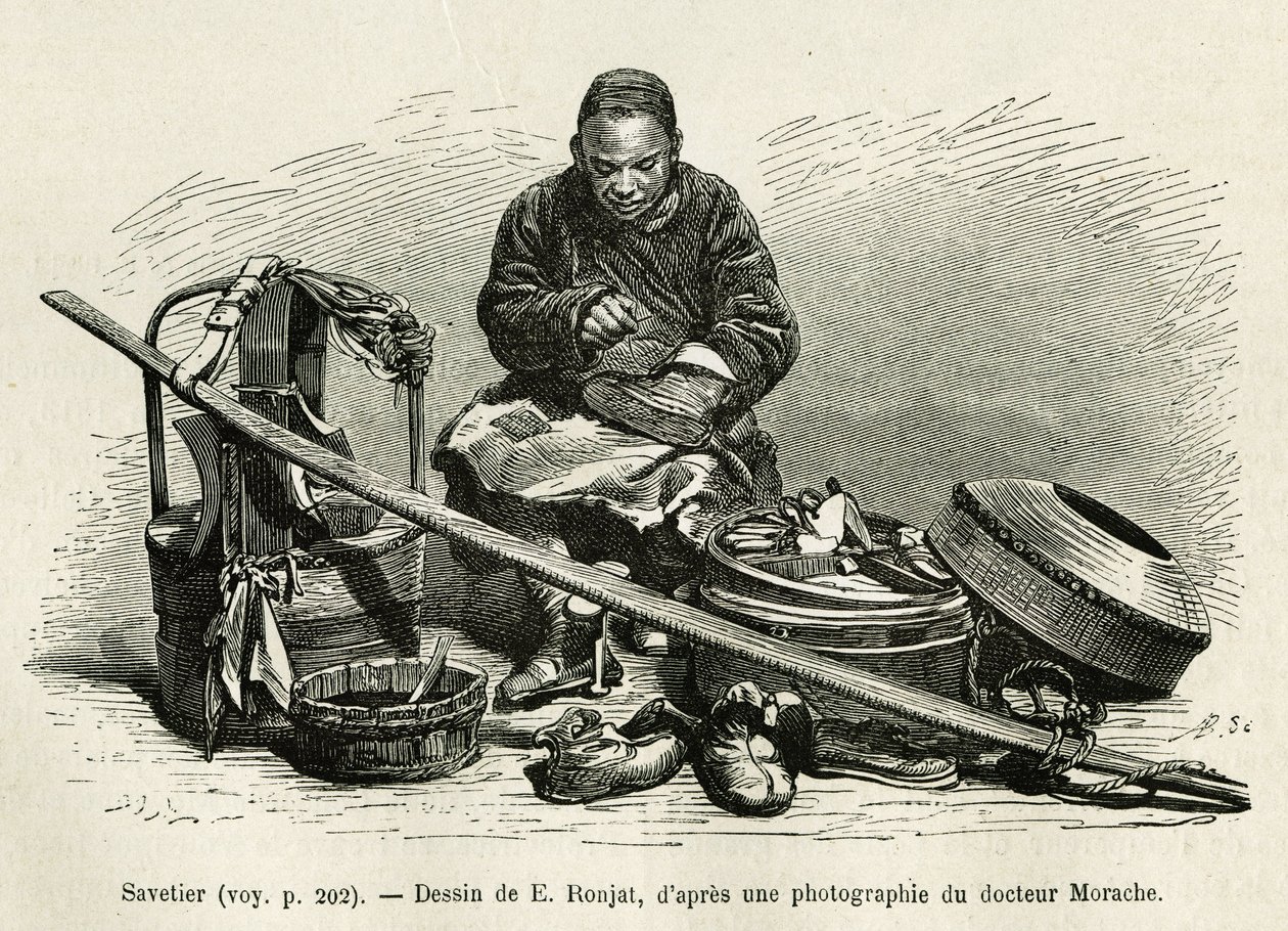 Der reisende Schuster repariert die Stiefel, aber auch die Geschirre der Wagen der hohen Beamten des Palastes, am Fuß des Orientalischen Blumentors des Kaiserpalastes in Peking. Gravur nach der Zeichnung von E. Ronjat, um die Reise nach Peking zu illustrie von Etienne Antoine Eugene Ronjat