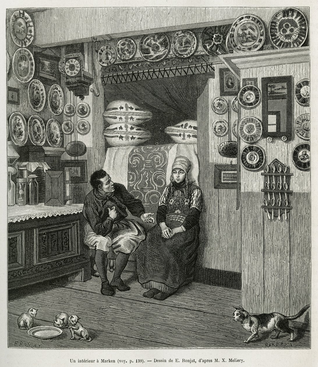 Ein Interieur in Marken (Niederlande), Gravur nach einer Zeichnung von E. Ronjat, zur Illustration der Geschichte der Niederlande von Charles de Coster, 1878, veröffentlicht in Le tour du monde, unter der Leitung von Edouard Charton von Etienne Antoine Eugene Ronjat