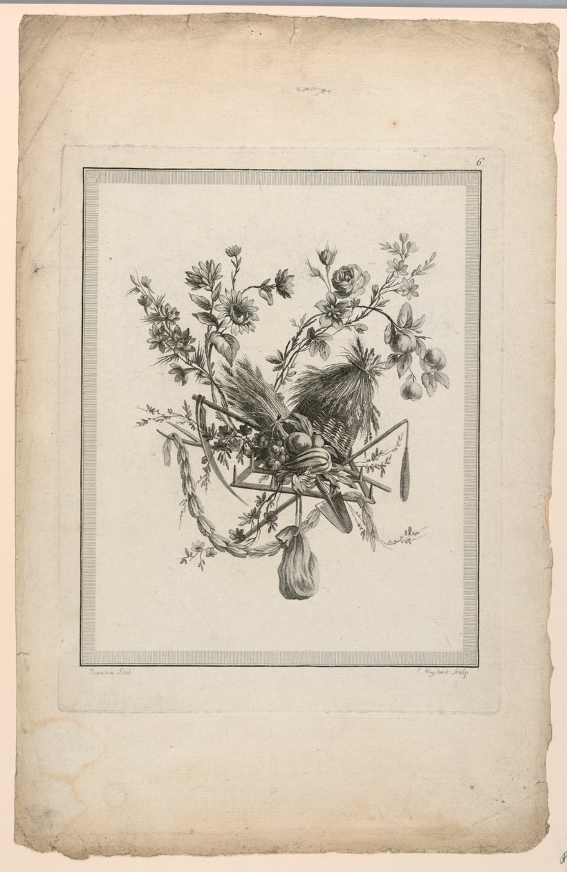 Trophäe mit Erntewerkzeugen, Platte 6 aus "Suite de différentes Attributs, Trophées, et Groupes de Fleurs," Suite II von Etienne Claude Voysard